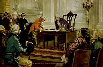 Gouverneur Morris signs the Constitution before George Washington.