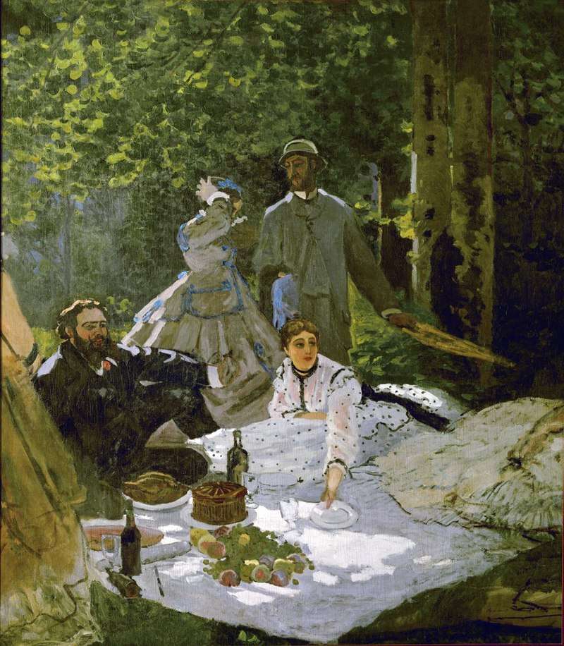 Le déjeuner sur l'herbe (right section), 1865–1866, with Gustave Courbet, Frédéric Bazille and Camille Doncieux, first wife of the artist, Musée d'Orsay, Paris