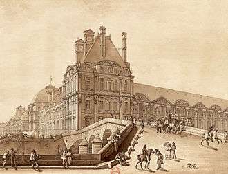 The Pavillon de Flore, the seat of the Committee of Public Safety and General Police Bureau. Also, Joachim Vilate lived there in an apartment. Drawing in brown ink (1814)