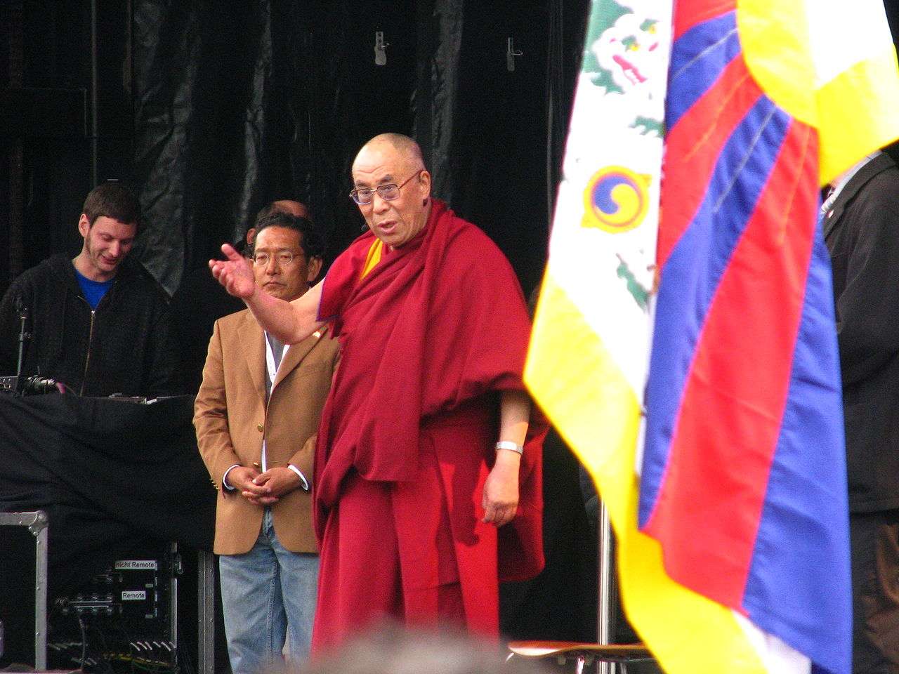 The flag of Tibet (designed by the 13th Dalai Lama) shares the stage with Kundun on 10 April 2010 in Zurich, Switzerland
