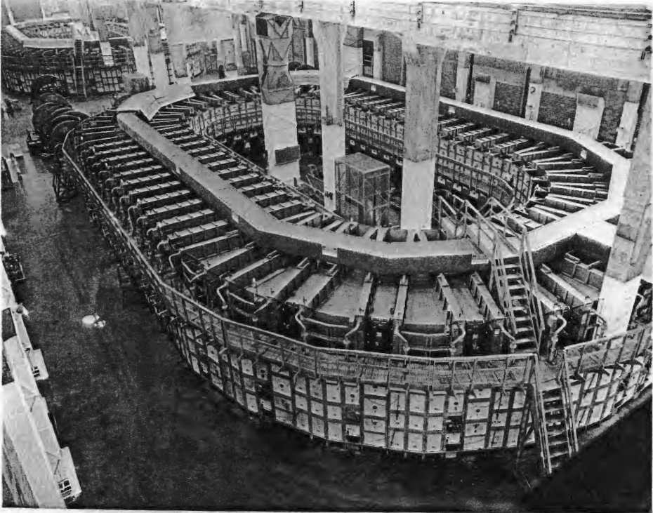 Giant electromagnet Alpha I racetrack for uranium enrichment at Y-12 plant, Oak Ridge, Tennessee, circa 1944–45.