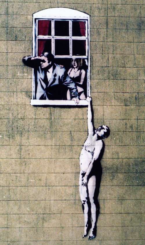 Naked Man image by Banksy, on the wall of a sexual health clinic in Park Street, Bristol.
