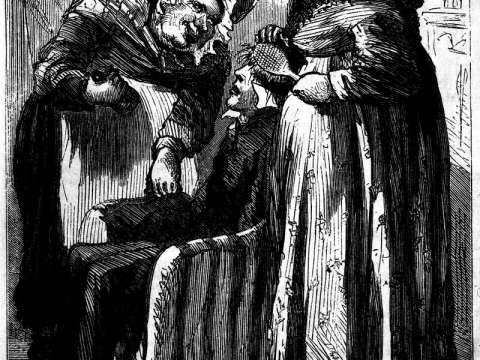 Illustration in Charles Dickens' Martin Chuzzlewit. Nurse Sarah Gamp (left) became a stereotype of untrained and incompetent nurses of the early Victorian era, before the reforms of Nightingale