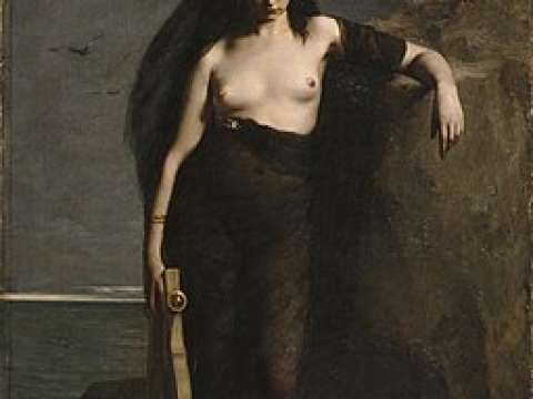 Sappho (1877) by Charles Mengin (1853–1933). One tradition claims that Sappho committed suicide by jumping off the Leucadian cliff.