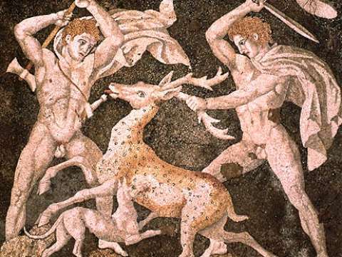 The emblema of the Stag Hunt Mosaic, c. 300 BC, from Pella.