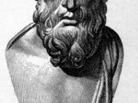 Illustration from 1885 of a small bronze bust of Epicurus from Herculaneum.