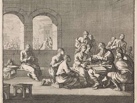 Dutch illustration by Jan Luyken (1700), showing Origen teaching his students