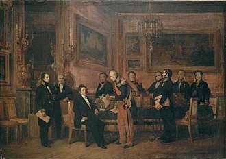 The Soult cabinet in 1842, with François Guizot (first from left), King Louis Philippe (seated) and Prime Minister Soult (middle), by Claudius Jacquand (1844)