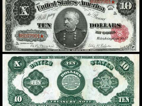 Sheridan memorialized on the 1890 $10 Treasury note, and one of 53 people depicted on United States banknotes