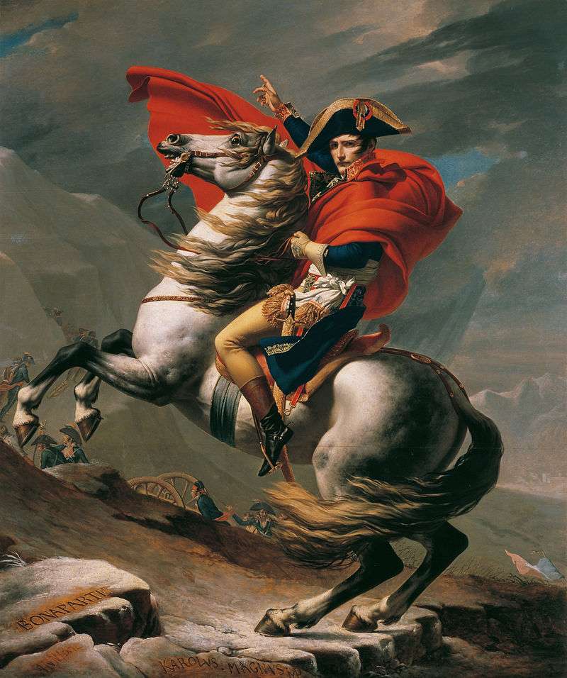 Napoleon Crossing the Alps, romantic version by Jacques-Louis David in 1805
