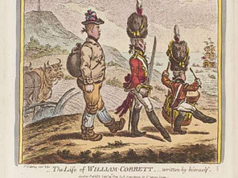 Cartoon of Cobbett enlisting in the army. From the Political Register of 1809. Artist James Gillray.