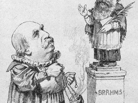 Eduard Hanslick offering incense to Brahms; cartoon from the Viennese satirical magazine Figaro, 1890