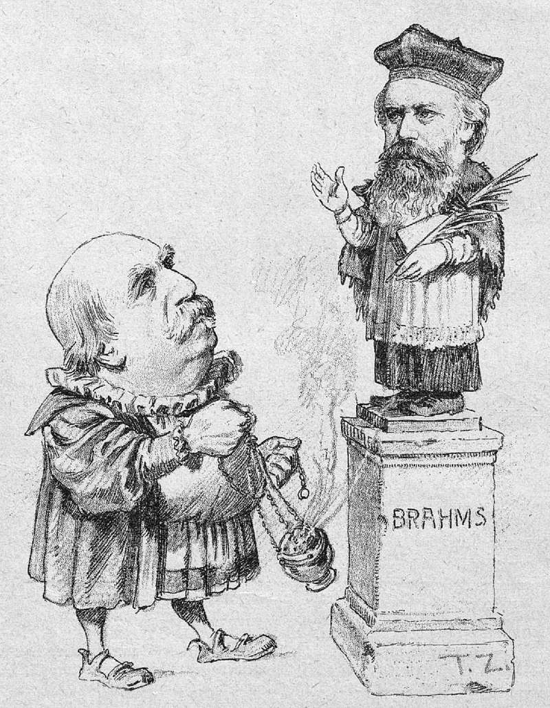 Eduard Hanslick offering incense to Brahms; cartoon from the Viennese satirical magazine Figaro, 1890