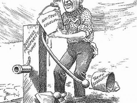 In a 1913 cartoon, Wilson primes the economic pump with tariff, currency and antitrust laws