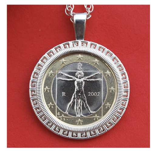 2002 Italy One Euro BU Unc Coin Solid 925 Sterling Silver Necklace NEW - Human Body Drawing by Leonardo da Vinci