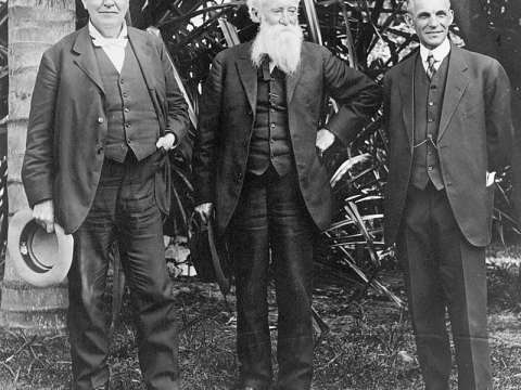 Burroughs poses with Thomas Edison and Henry Ford at Edison's home in Ft. Myers, Florida, 1914.