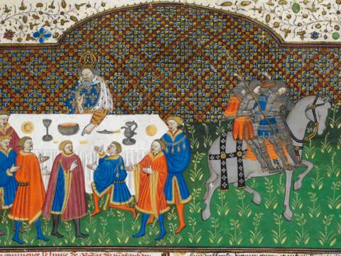 Charlemagne at dinner; detail of a miniature from BL Royal MS 15 E vi, f. 155r (the 
