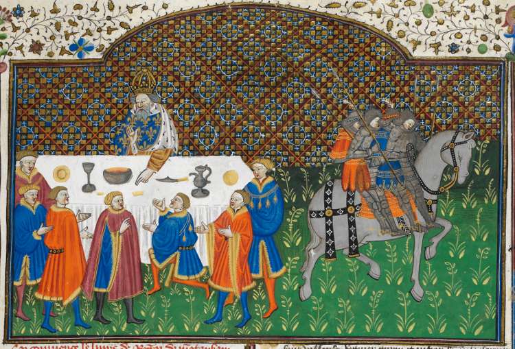 Charlemagne at dinner; detail of a miniature from BL Royal MS 15 E vi, f. 155r (the 