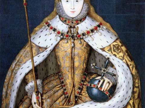 Elizabeth I in her coronation robes, patterned with Tudor roses and trimmed with ermine