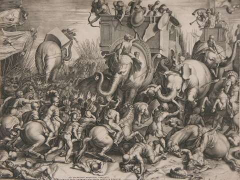 Engraving of the Battle of Zama by Cornelis Cort, 1567.