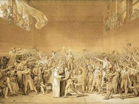 Sketch by Jacques-Louis David of the Tennis Court Oath. Bailly is pictured in the centre, facing the viewer, his right hand raised.