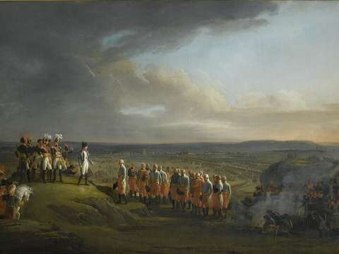 Napoleon and the Grande Armée receive the surrender of Austrian General Mack after the Battle of Ulm in October 1805.