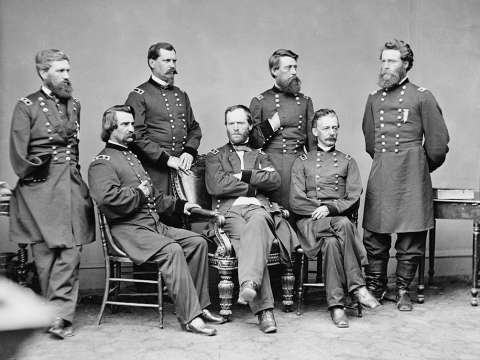 General Sherman with Generals Howard, Logan, Hazen, Davis, Slocum, and Mower, photographed by Mathew Brady, May 1865
