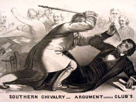 Lithograph of Preston Brooks' 1856 attack on Sumner; the artist depicts the faceless assailant bludgeoning the learned martyr