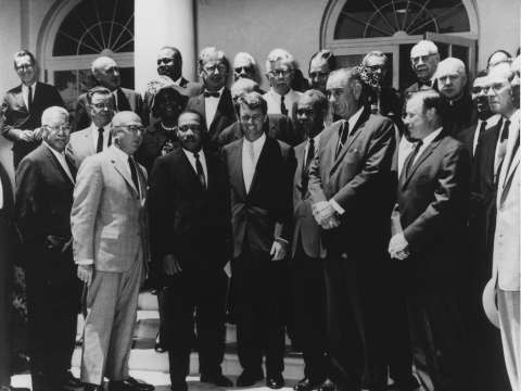 Vice President Lyndon B. Johnson and Attorney General Robert F. Kennedy with King, Benjamin Mays, and other civil rights leaders, June 22, 1963