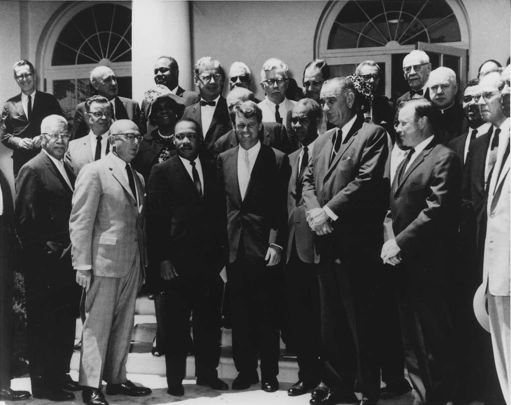 Vice President Lyndon B. Johnson and Attorney General Robert F. Kennedy with King, Benjamin Mays, and other civil rights leaders, June 22, 1963