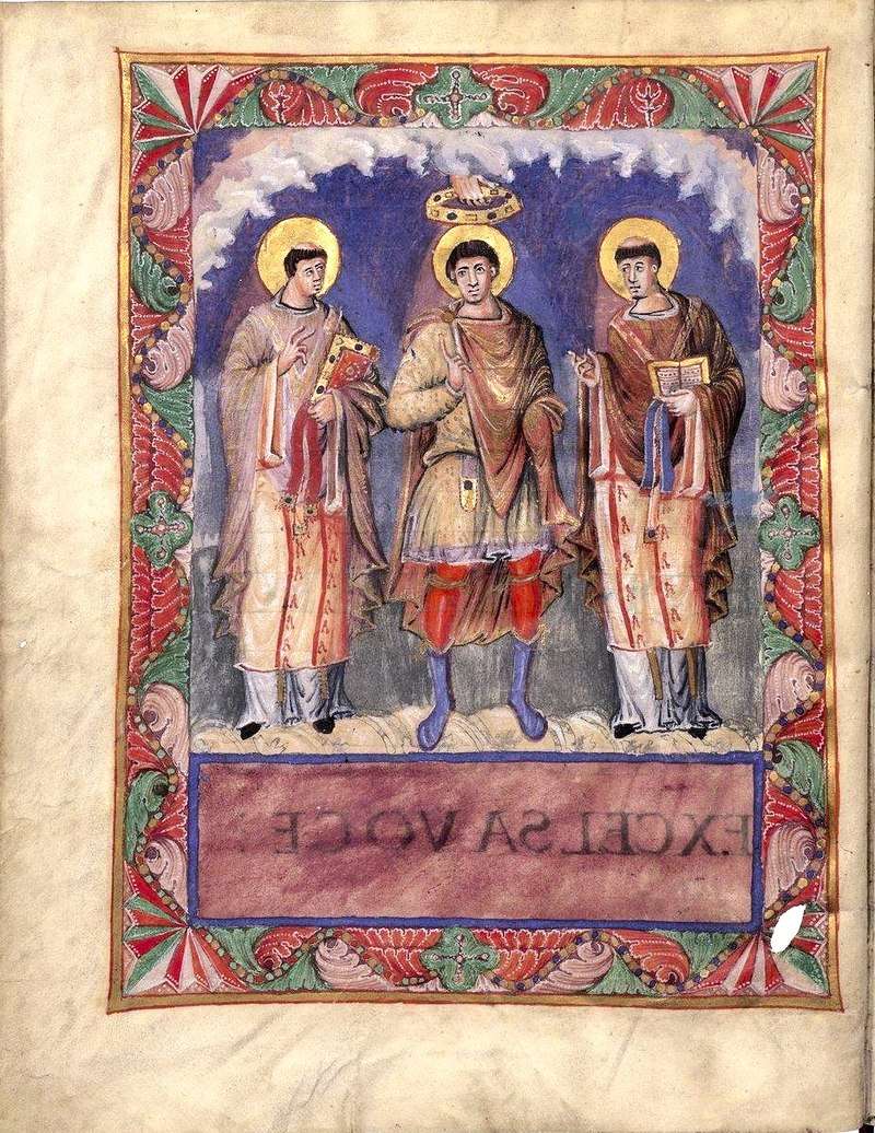 Coronation of an idealised king, depicted in the Sacramentary of Charles the Bald (about 870)