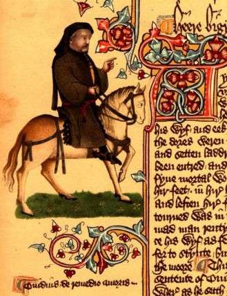 Chaucer as a pilgrim, in the early 15th-century illuminated Ellesmere manuscript of the Canterbury Tales
