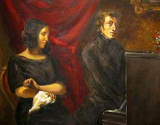 Sand sews while Chopin plays piano, in a hypothetical reconstruction of Delacroix's 1838 painting