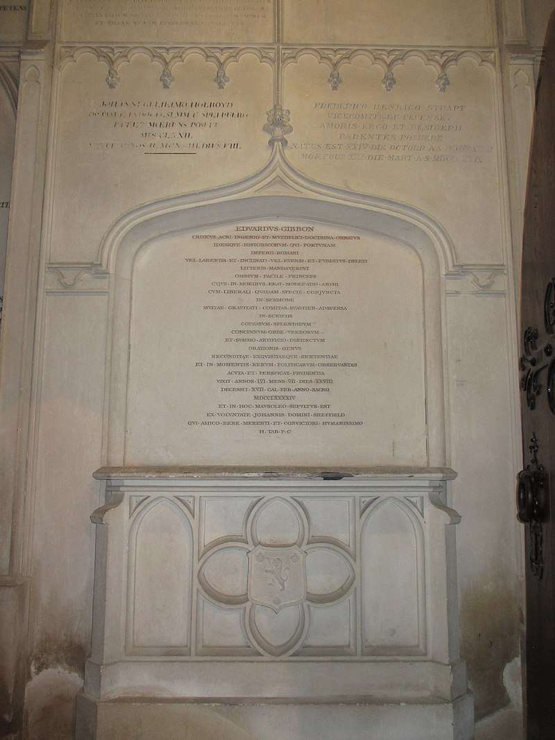 Gibbon's memorial tablet on the Sheffield Mausoleum in St Andrew & St Mary The Virgin's church in Fletching, East Sussex.