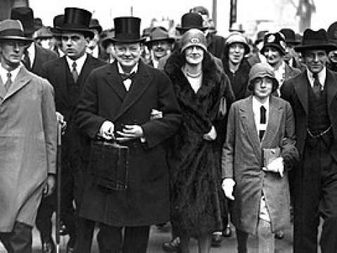 Churchill on Budget Day with his wife Clementine and children Sarah and Randolph, 15 April 1929.