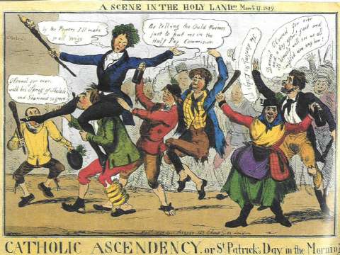 Catholic Emancipation as a world upside down: held aloft, Daniel O'Connell promises whigs – symbol of Ascendancy rank and property – for 