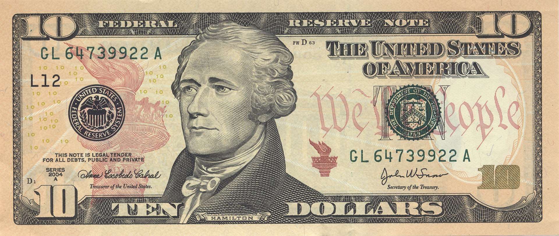 Alexander Hamilton on the Series 2004A U.S. $10 bill