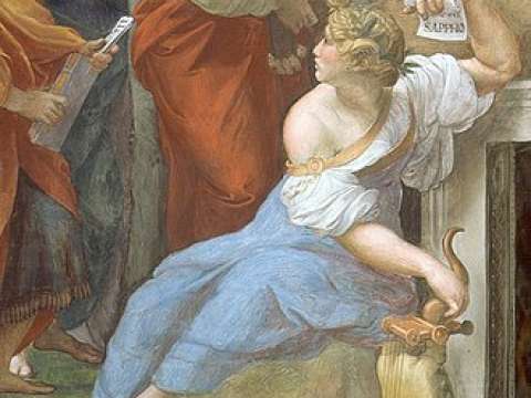 Detail of Sappho from Raphael's Parnassus (1510–11), shown alongside other poets. In her left hand, she holds a scroll with her name written on it.