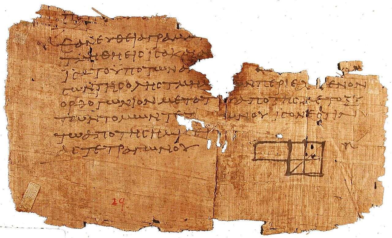 One of the oldest surviving fragments of Euclid's Elements, found at Oxyrhynchus and dated to circa AD 100 (P. Oxy. 29).