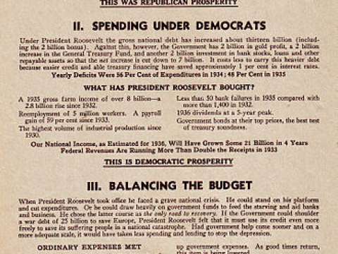 1936 re-election handbill for Roosevelt promoting his economic policy