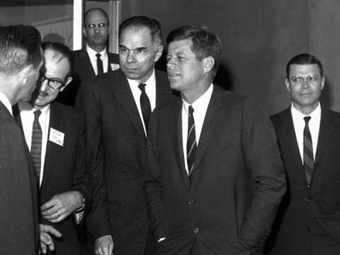 From left to right: Chairman Seaborg, President Kennedy, Secretary McNamara on March 23, 1962.