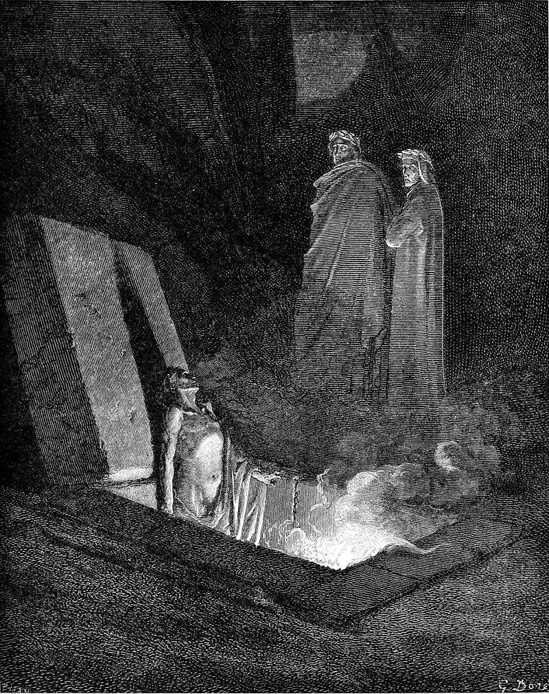 Dante Alighieri meets Epicurus in his Inferno in the Sixth Circle of Hell, where he and his followers are imprisoned in flaming coffins for having believed that the soul dies with the body, shown here in an illustration by Gustave Doré.