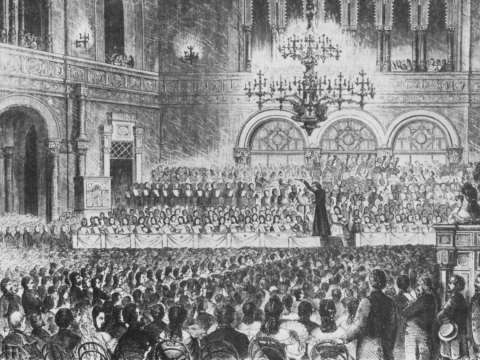Liszt's fundraising concert for the flood victims of Pest, where he was the conductor of the orchestra, Vigadó Concert Hall, Pest, Hungary, 1839