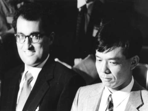 Edward Witten (left) with mathematician Shigefumi Mori, probably at the ICM in 1990, where they received the Fields Medal.