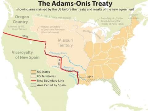 In the Adams–Onís Treaty, the United States acquired Florida and set the western border of the 1803 Louisiana Purchase.