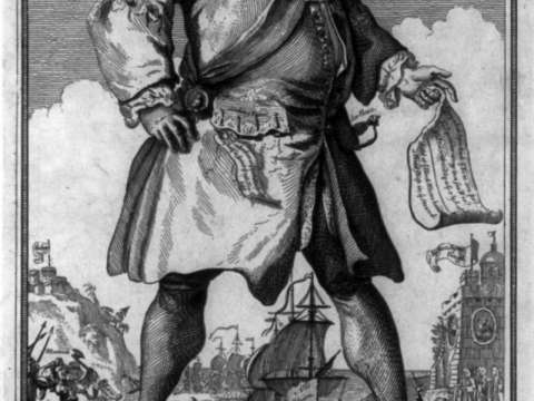 1740 political cartoon depicting Walpole as the Colossus of Rhodes, alluding to his reluctance to engage Spain and France militarily
