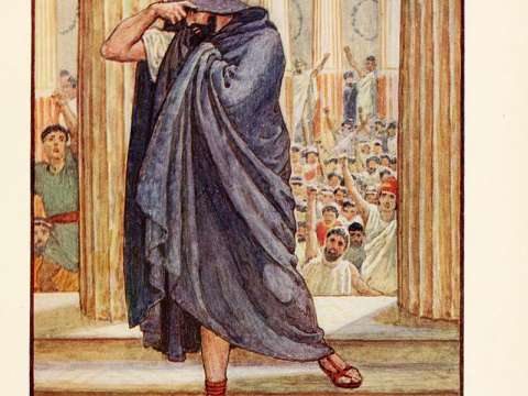 Illustration by Walter Crane of Demosthenes leaving the Assembly in shame after his first failure at public speaking, as described by Plutarch in his Life of Demosthenes