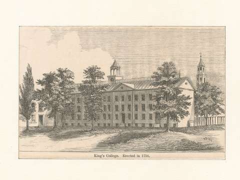 Kings College c. 1756, adjacent to the New York Commons where City Hall Park is today